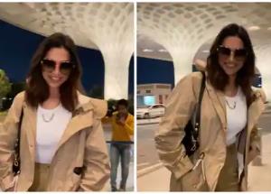 Deepika Padukone flaunts her ariport look in beige jacket and pants with white shirt 