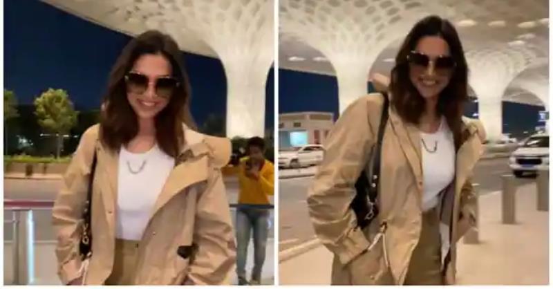 Deepika Padukone flaunts her ariport look in beige jacket and pants with white shirt 